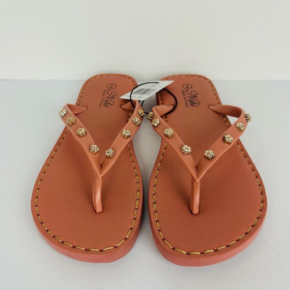 NWT Flip Flops Women's 5/6 Pink Rose Gold Rhinestone Cushion Rubber Sole Sandals